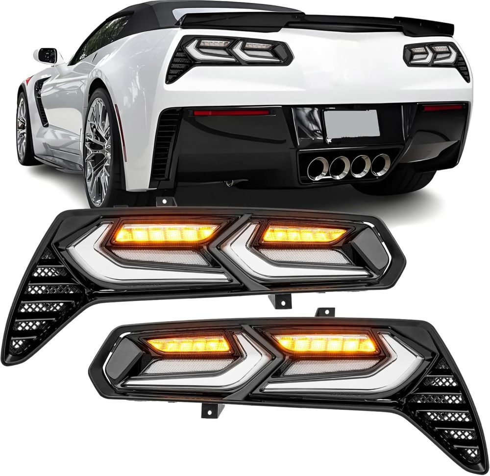 LED Tail Lights Assembly Compatible with 2014 2015 2016 2017 2018 2019 Chevy Corvette C7, Rear Brake Lamp w/Sequential Turn Signal, C8 Style, Black Housing Clear Lens