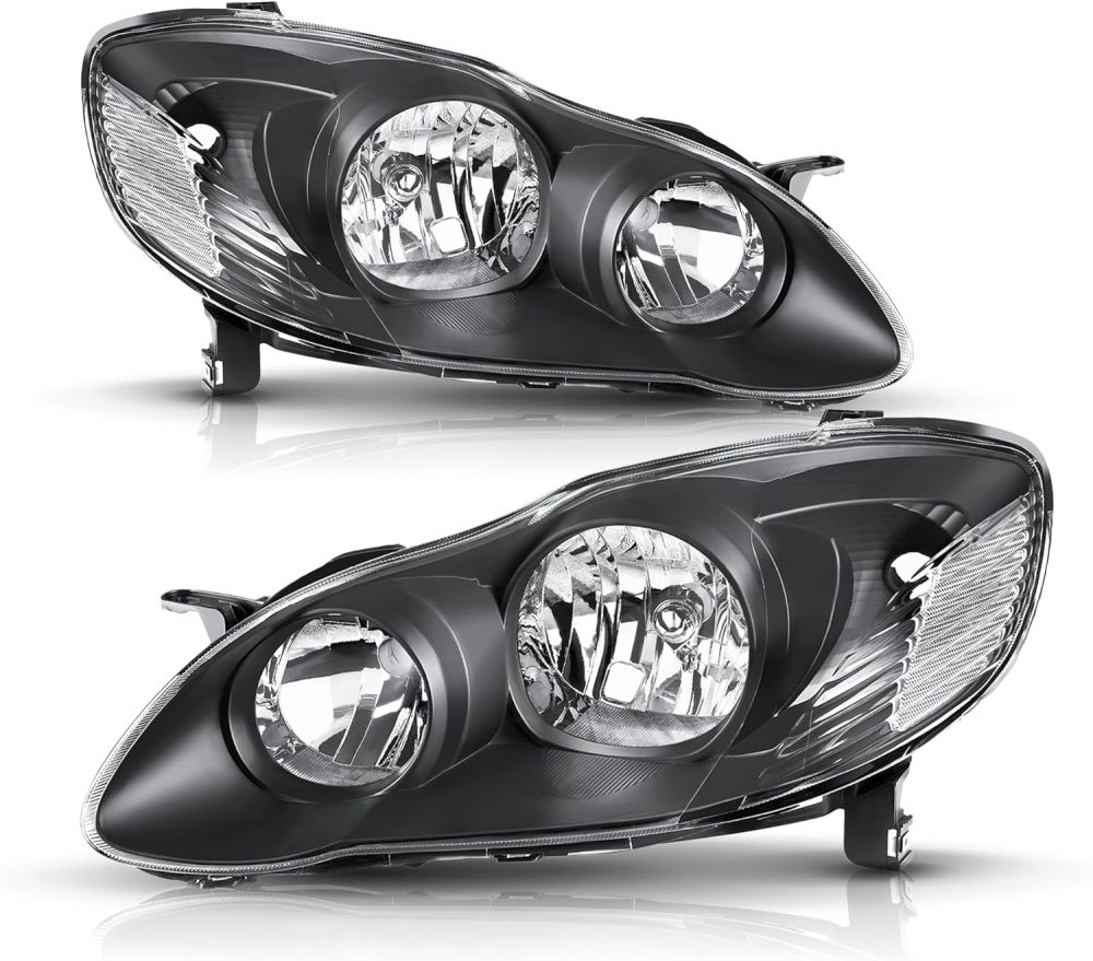 Headlights Assembly Compatible with 2003-2008 Toyota Corolla Headlamp Replacement Pair Driver Passenger Side, Black Housing Clear