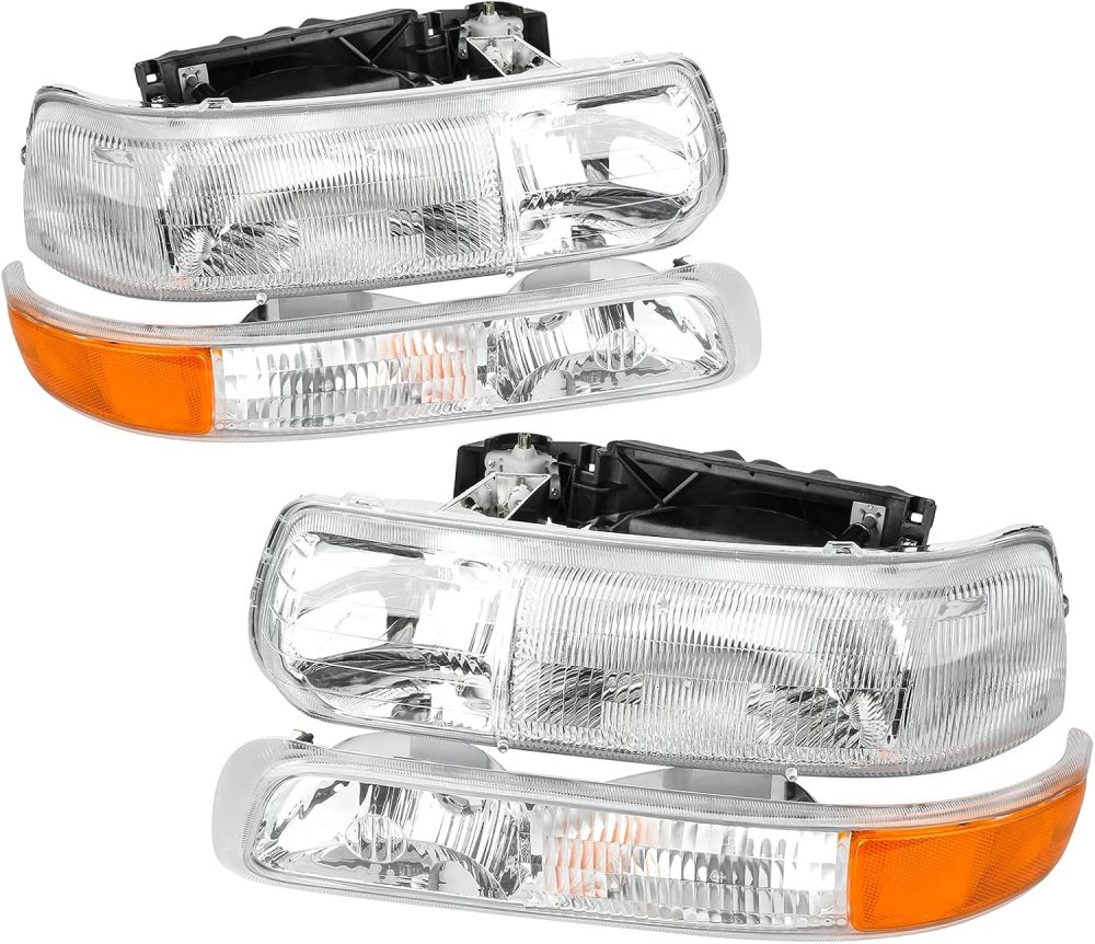 Headlights with Bumper Lamp Assembly Compatible with 1999-2002 Chevy Silverado,00-06 Tahoe Suburban Headlamp, OE Style