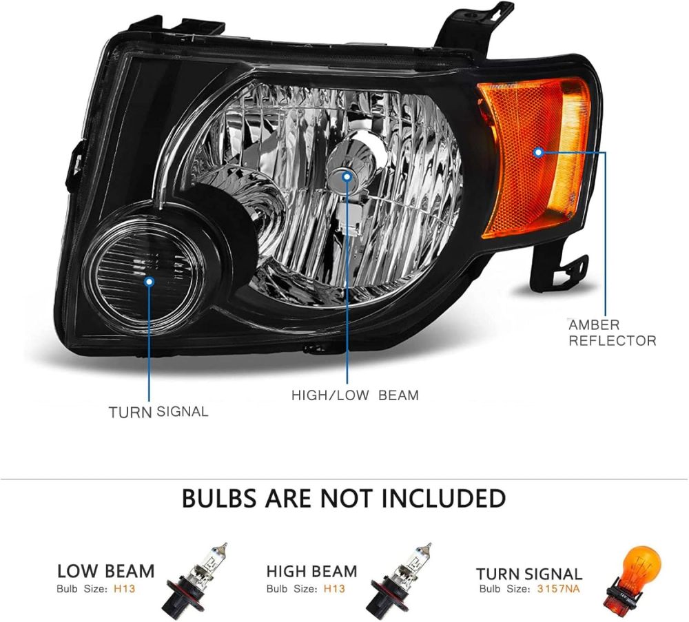 Headlights Headlamp Assembly for 2008 2009 2010 2011 2012 Ford Escape Driver & Passenger Side, Black Housing Amber Side