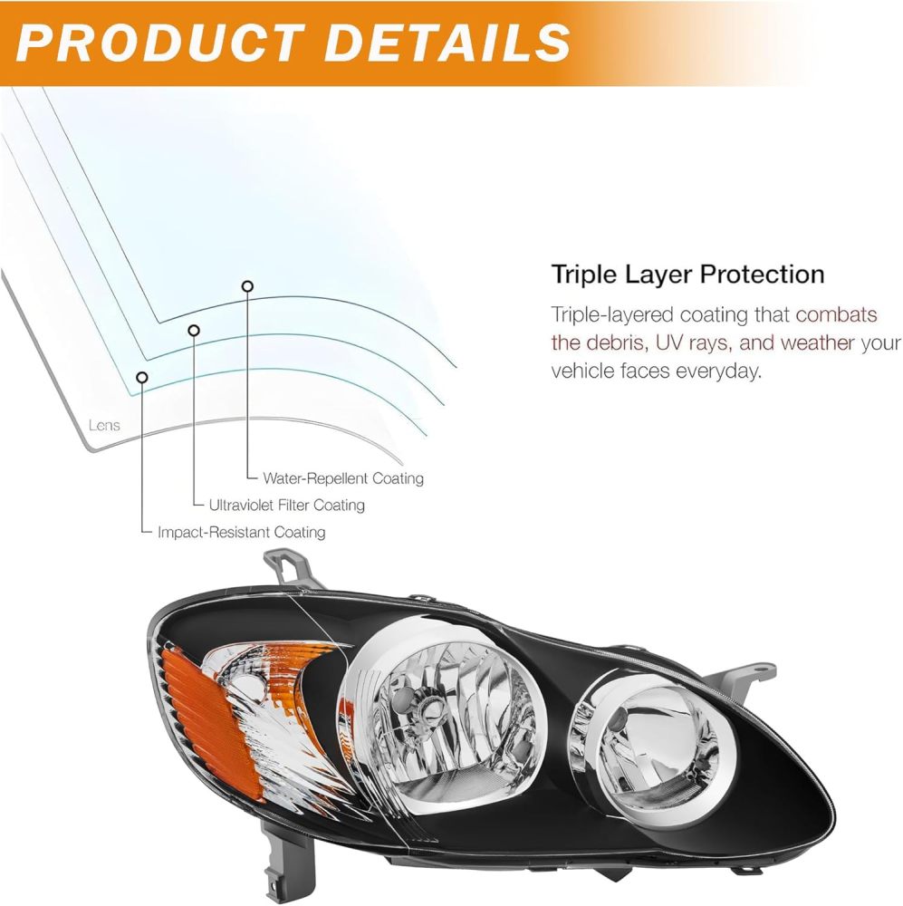 Headlights Assembly Compatible with 2003 2004 2005 2006 2007 2008 Toyota Corolla Black Housing Amber Side with Chrome Trim