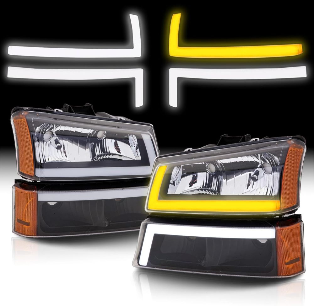 Headlights Assembly w/LED DRL compatible with 2003-2006 Chevy Silverado / 03-06 Avalanche (No Cladding only)，with Sequential Tun Signal, Black Housing Amber Side
