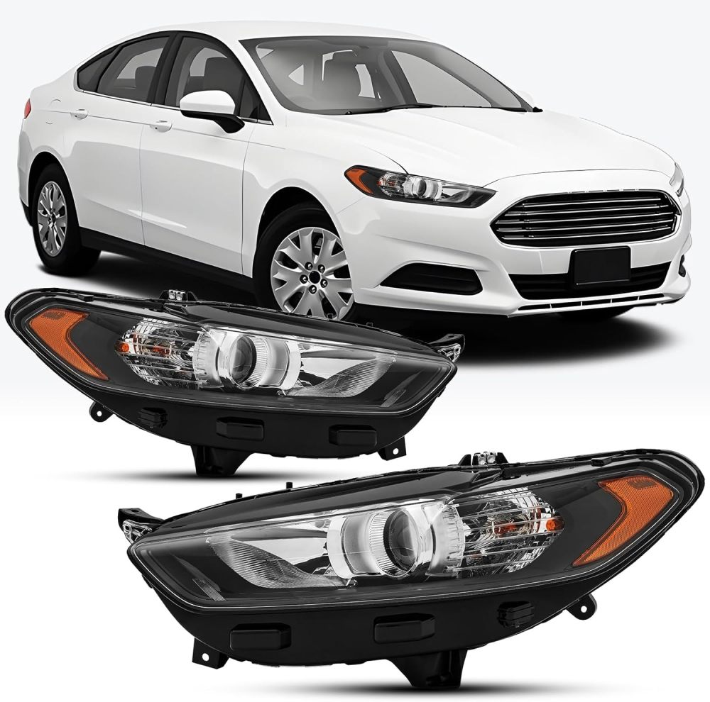 Headlights Assembly Compatible with 2013 2014 2015 2016 Ford Fusion Halogen Headlamp Include Bulb, Black Housing