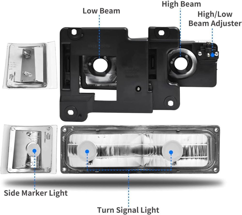 Headlights Assembly compatible with1994-1998 Chevy C/K Series C1500 C2500 C3500 K1500 K2500 K3500 Silverado Suburban Tahoe Halogen Head lights Headlamp, Chrome Housing Clear