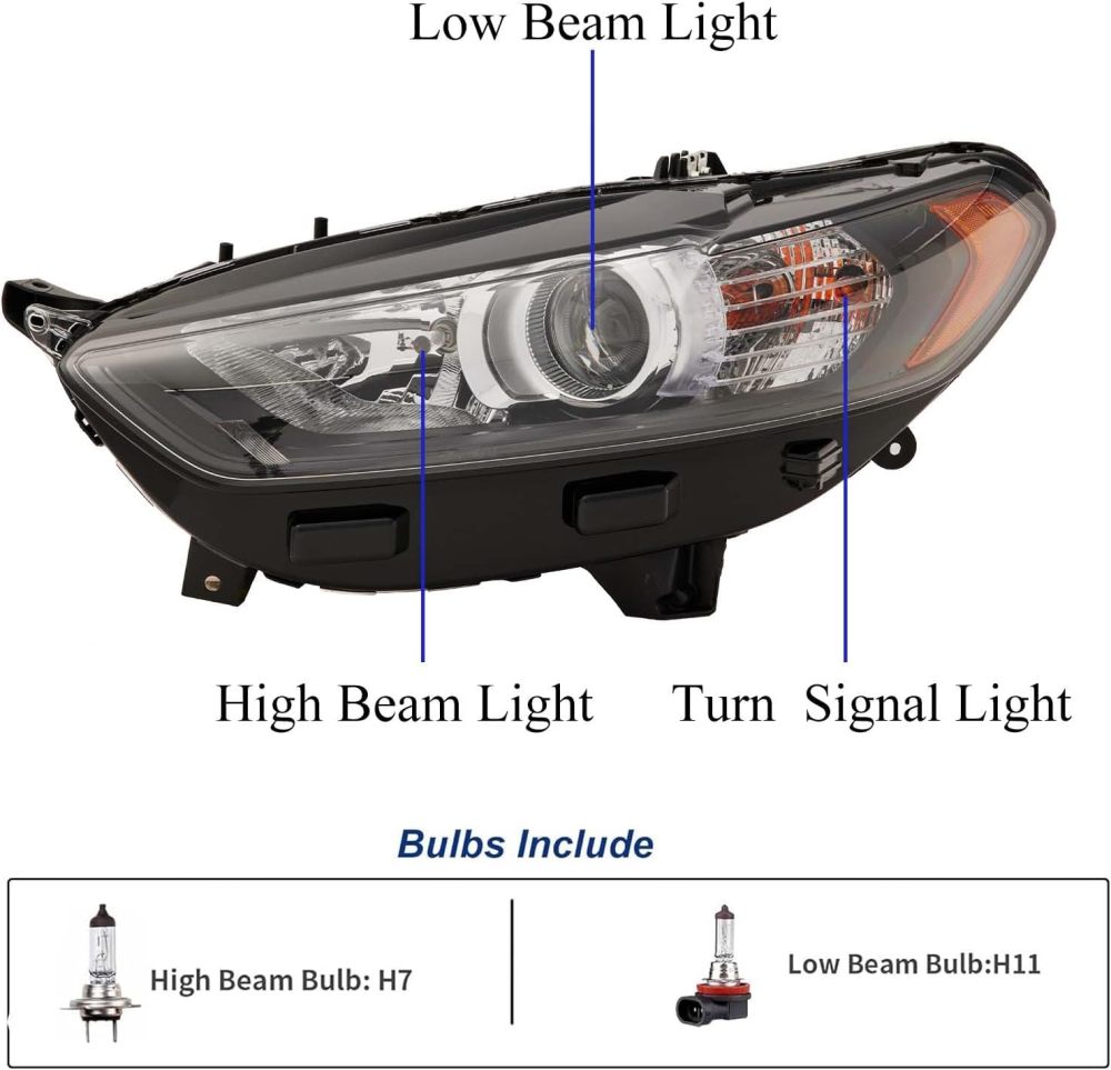 Headlights Assembly Compatible with 2013 2014 2015 2016 Ford Fusion Halogen Headlamp Include Bulb, Black Housing