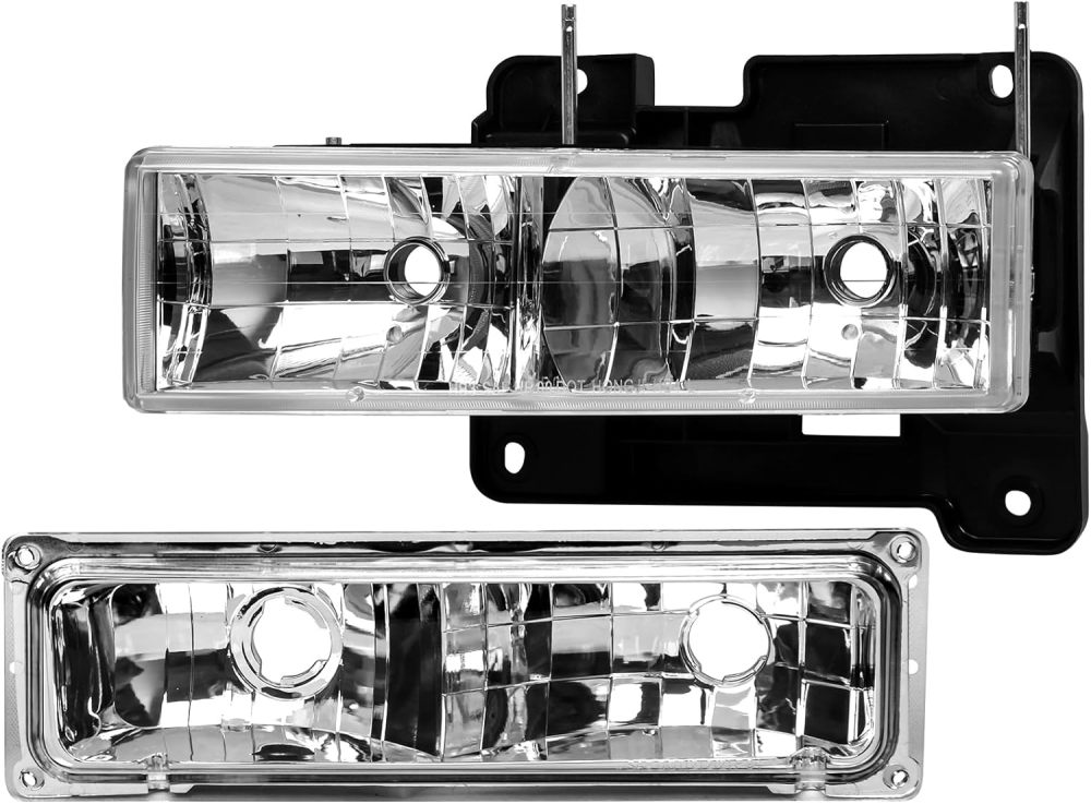 Headlights Assembly compatible with1994-1998 Chevy C/K Series C1500 C2500 C3500 K1500 K2500 K3500 Silverado Suburban Tahoe Halogen Head lights Headlamp, Chrome Housing Clear