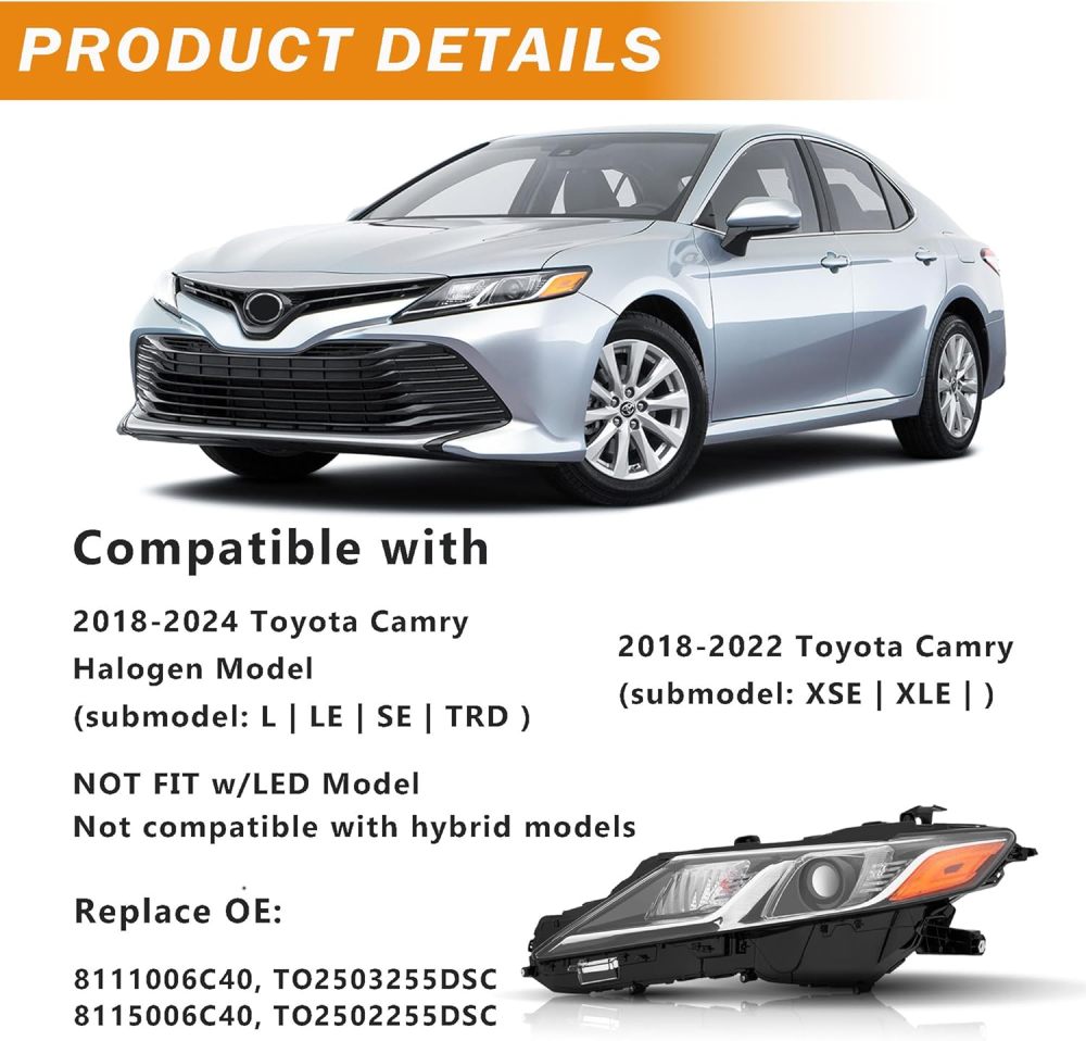 Headlights Assembly Compatible with 2018 2019 2020 2021 2022 2023 2024 Toyota Camry L LE SE Headlamps Driver and Passenger Side, Chrome Housing Amber
