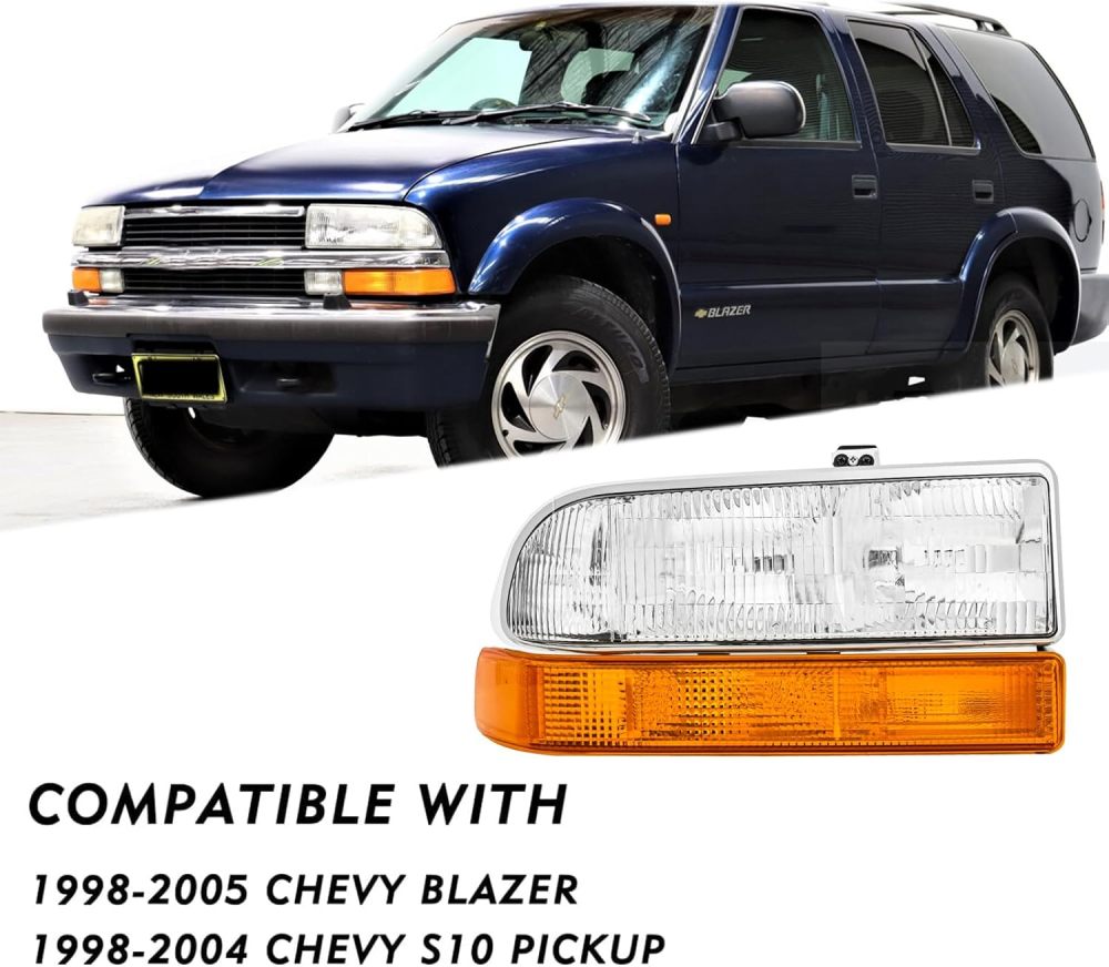 Headlights Assembly compatible with1998-2004 Chevy S10,1998-2005 Chevy Blazer Headlamp w/ Bumper Lights 4Pcs, Factory Style