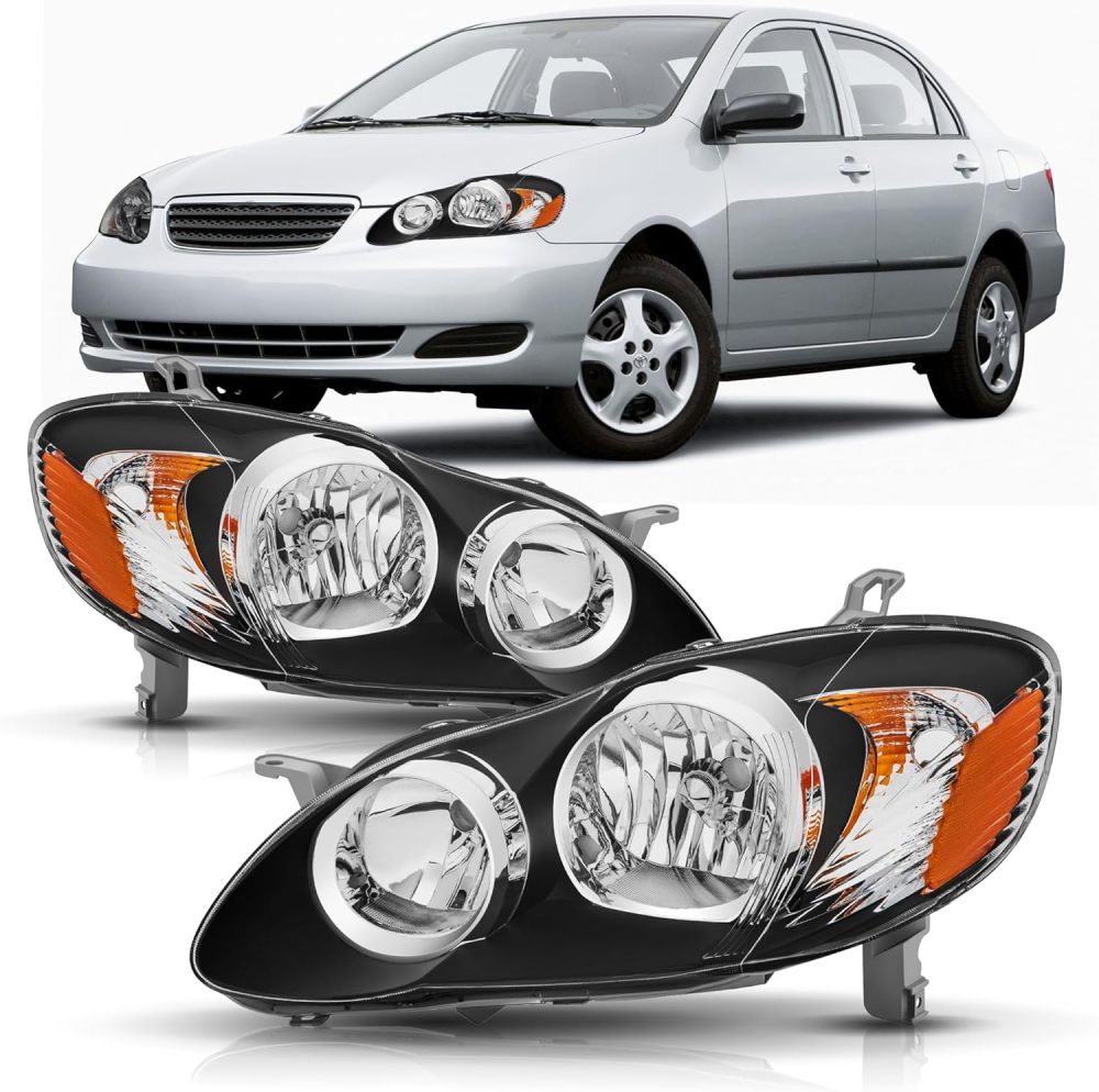 Headlights Assembly Compatible with 2003 2004 2005 2006 2007 2008 Toyota Corolla Black Housing Amber Side with Chrome Trim