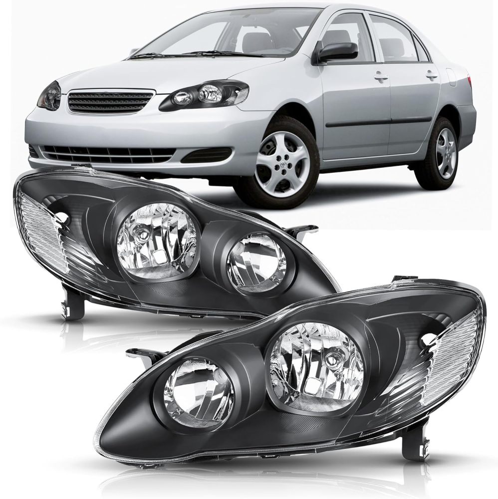 Headlights Assembly Compatible with 2003-2008 Toyota Corolla Headlamp Replacement Pair Driver Passenger Side, Black Housing Clear