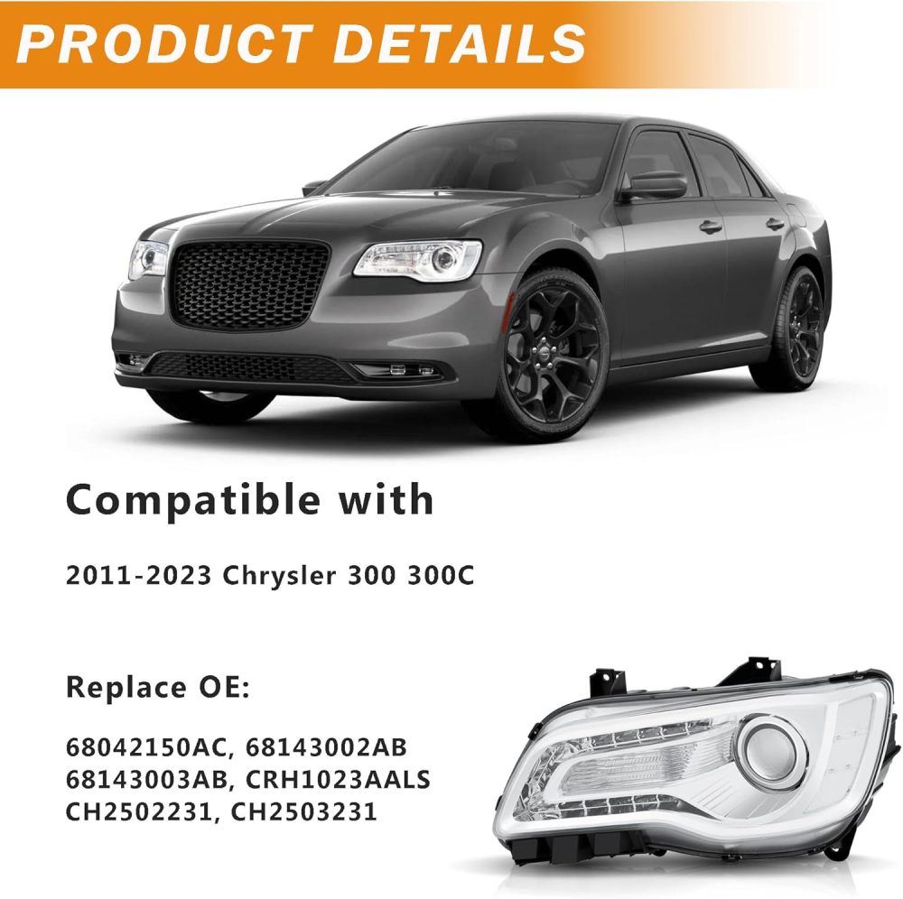 Headlights Assembly Compatible with 2011-2023 Chrysler 300 300C Halogen Model, Projector Headlamp w/LED DRL Driver & Passenger Side, Chrome Housing Clear