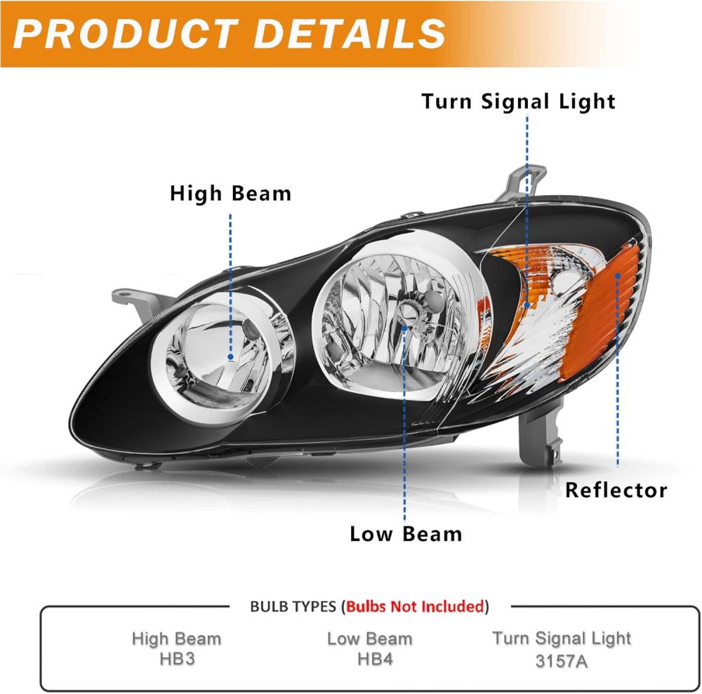 Headlights Assembly Compatible with 2003 2004 2005 2006 2007 2008 Toyota Corolla Black Housing Amber Side with Chrome Trim