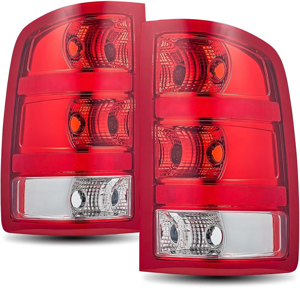 Headlights Tail lights Assembly Combo compatible with 2007-2013 GMC Sierra 1500, 2007-2014 Sierra 2500HD 3500HD, Chrome Amber Headlight + Red Rear Brake Lamp