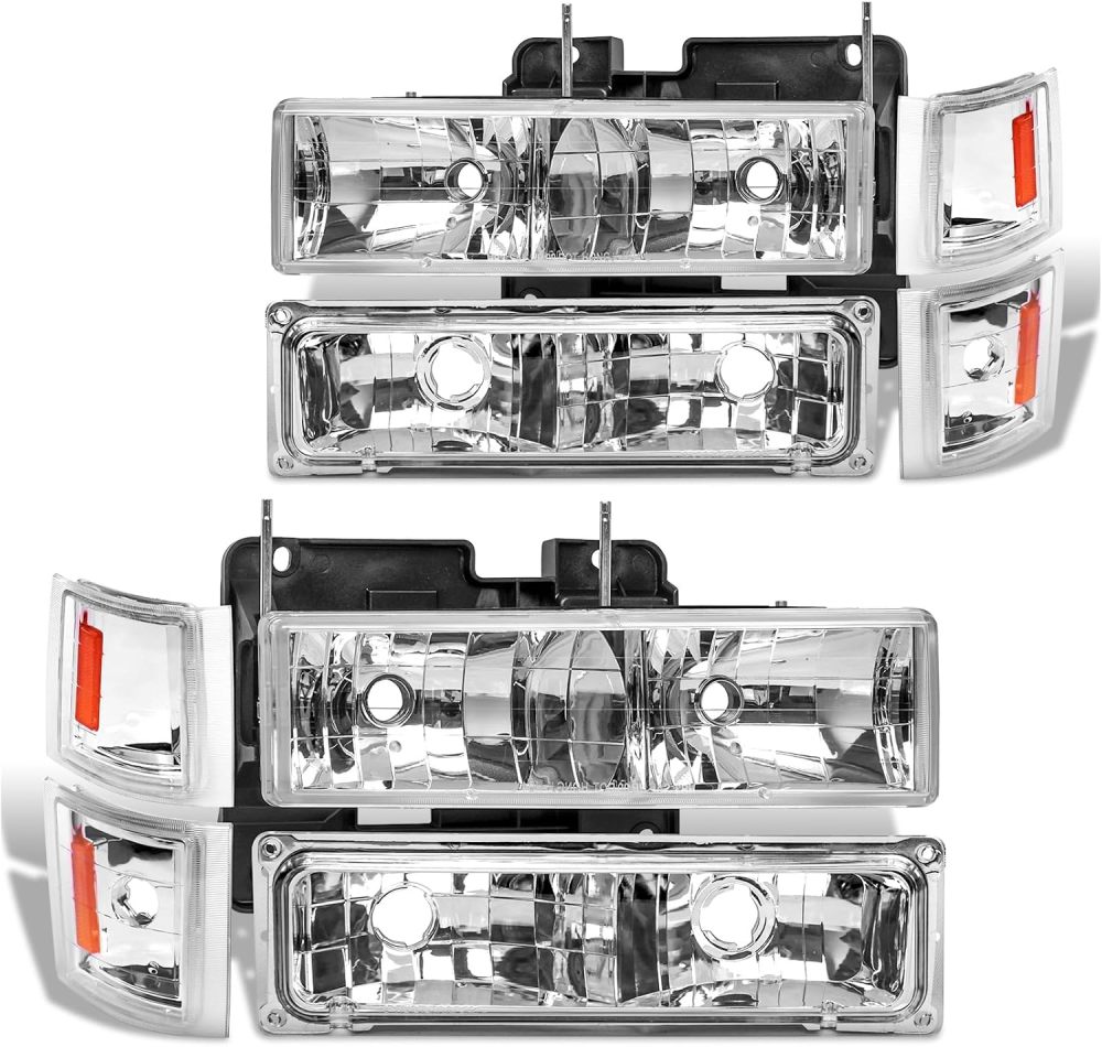 Headlight Assembly for1994 1995 1996 1997 1998 Chevy C/K 1500 2500 3500 Suburban Silverado,95-99 Tahoe Head Light Headlamp, Chrome Housing Amber Reflector