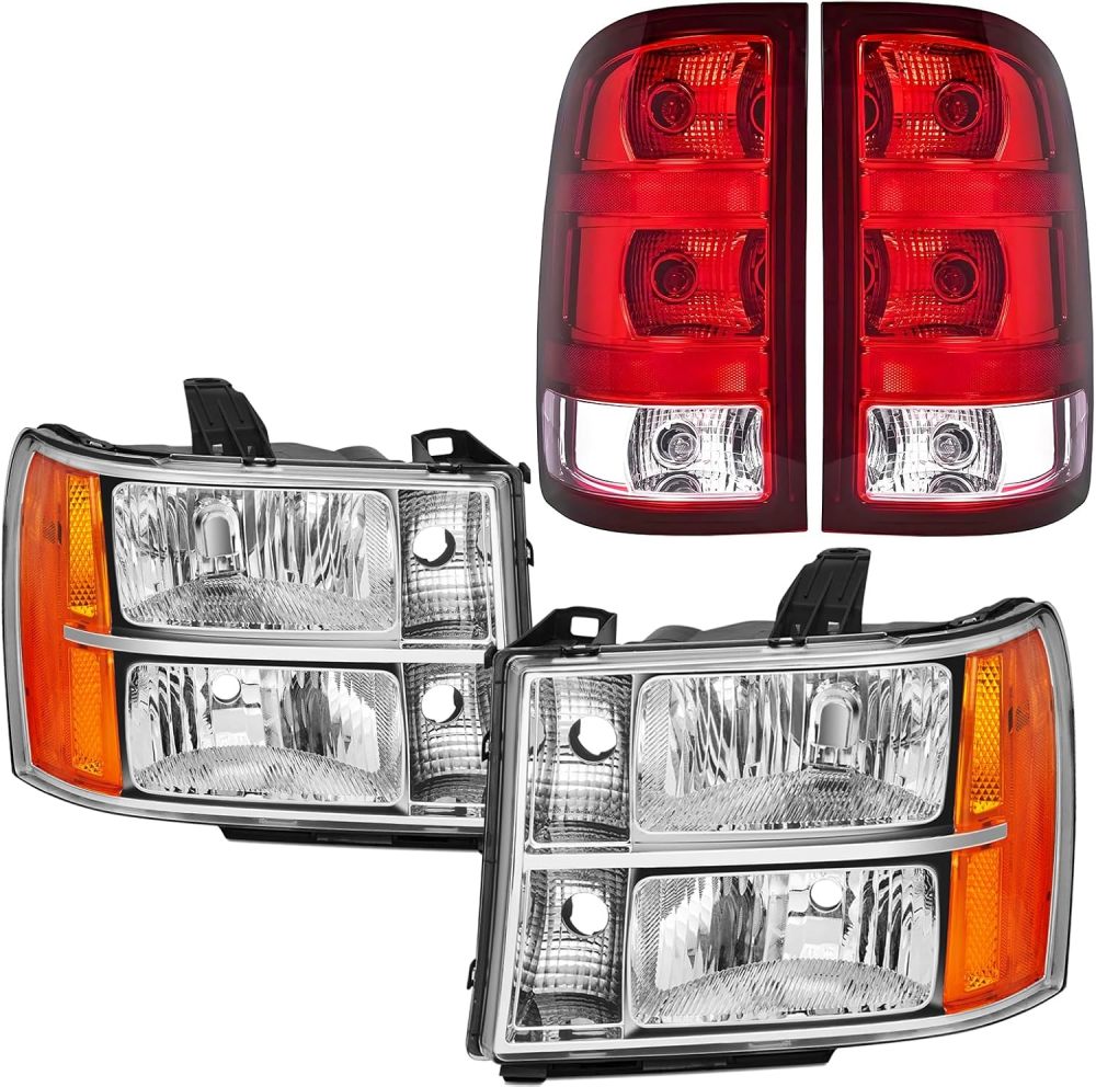 Headlights Tail lights Assembly Combo compatible with 2007-2013 GMC Sierra 1500, 2007-2014 Sierra 2500HD 3500HD, Chrome Amber Headlight + Red Rear Brake Lamp