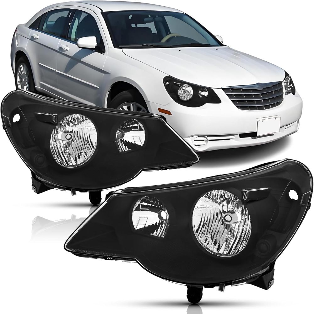 Headlights Assembly Compatible with 2007 2008 2009 2010 Chrysler Sebring 4Dr Sedan Driver and Passenger Side, Black Housing Clear Side