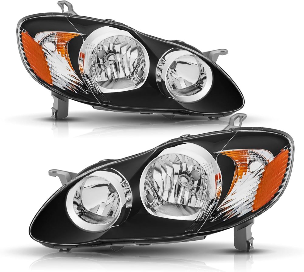 Headlights Assembly Compatible with 2003 2004 2005 2006 2007 2008 Toyota Corolla Black Housing Amber Side with Chrome Trim