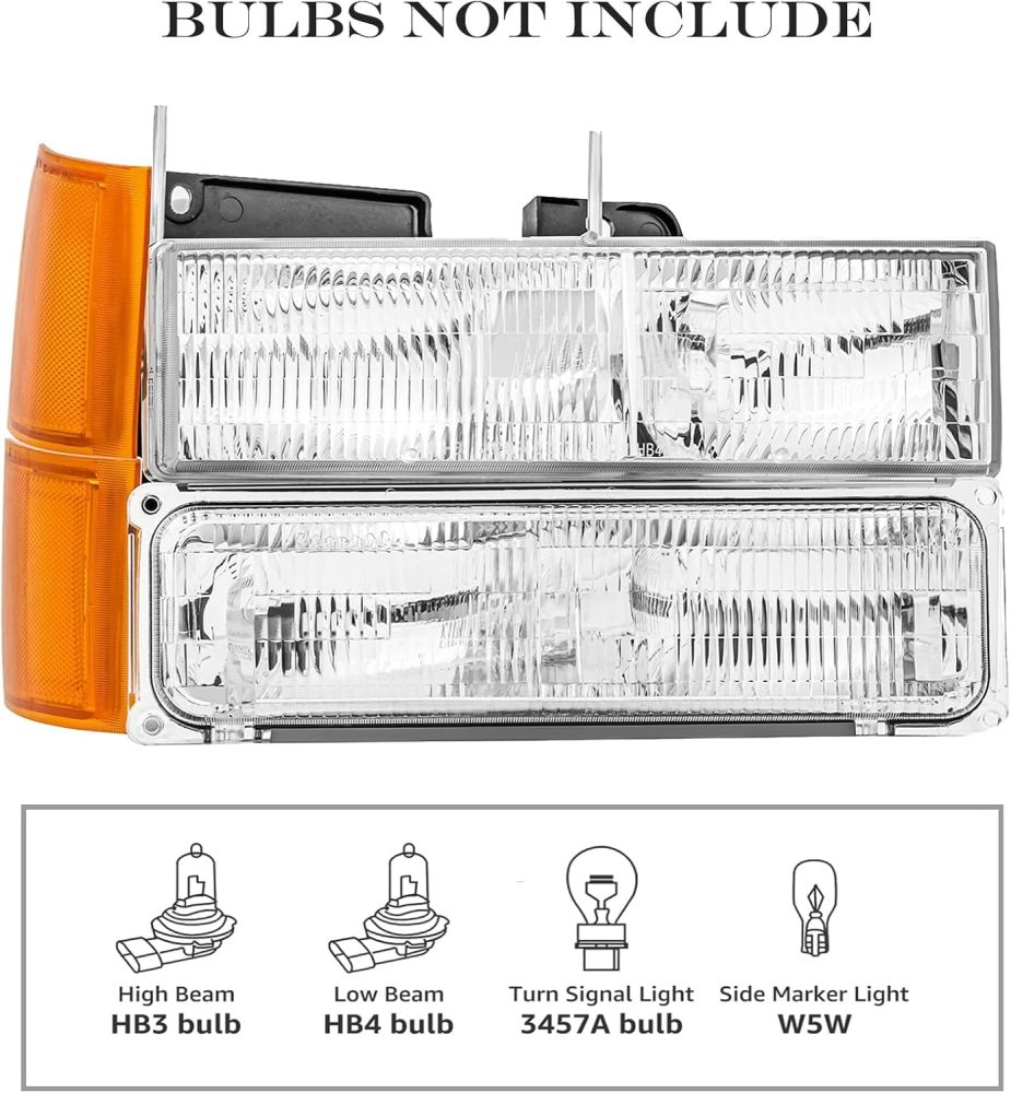 Headlights Assembly Replacement for 1994-1998 OBS Chevy Silverado Suburban C10 C/K 1500 2500 3500, Not For GMC, Headlamp w/Bumper Light Side Marker Light