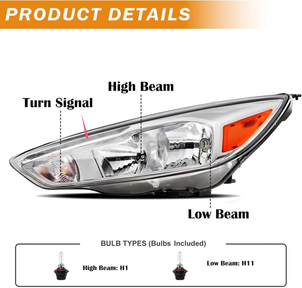 Headlights Assembly compatible with 2015-2018 Ford Focus with LED DRL, Chrome Housing clear Corner