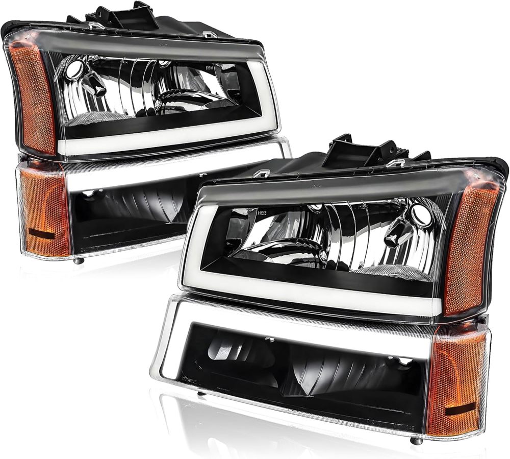 Headlights Assembly w/LED DRL compatible with 2003-2006 Chevy Silverado 1500 2500 3500, 03-06 Avalanche (No Cladding only), Black Housing Amber Side Headlamp Assembly