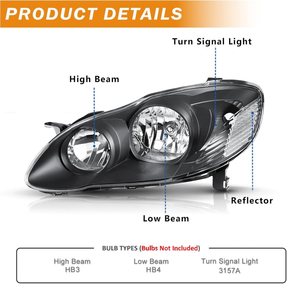 Headlights Assembly Compatible with 2003-2008 Toyota Corolla Headlamp Replacement Pair Driver Passenger Side, Black Housing Clear