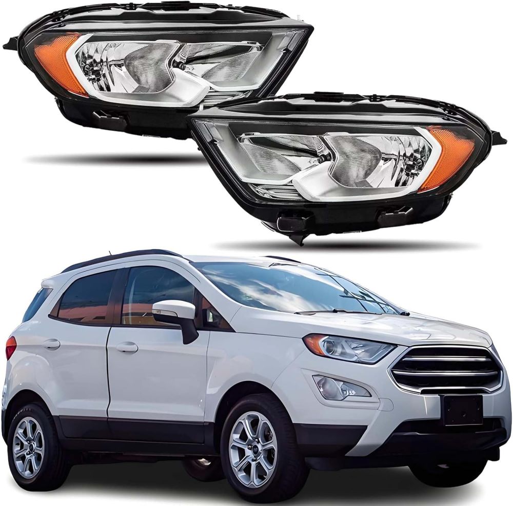 Headlights Assembly compatible with 2018-2023 Ford Ecosport Passenger & Driver Side, Chrome Housing Amber Side