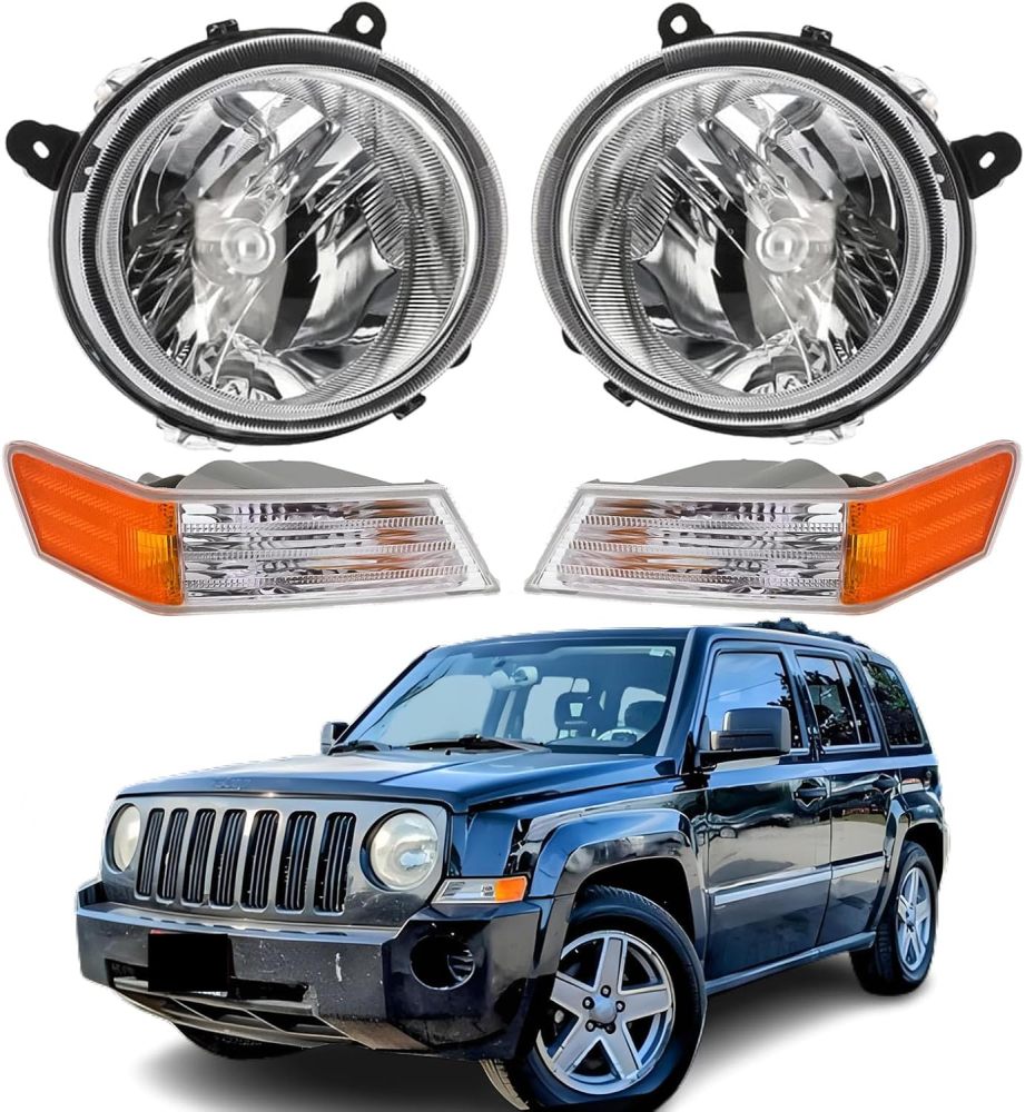 Headlights Assembly Replacement for 2007-2017 Jeep Patriot w/Amber Turn Signal Lights 4Pcs Set, Chrome Housing Amber Side