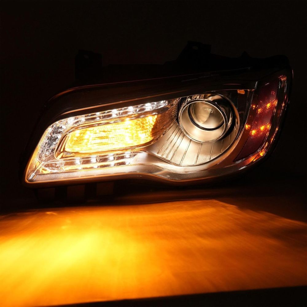Headlights Assembly Compatible with 2011-2023 Chrysler 300 300C Halogen Model, Projector Headlamp w/LED DRL Driver & Passenger Side, Chrome Housing Clear