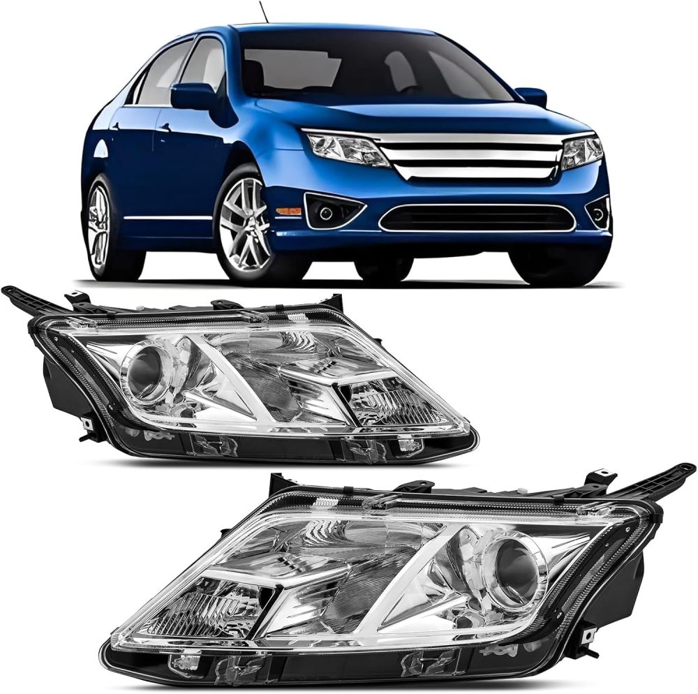 Headlights Assembly compatible with 2010 2011 2012 Fusion Halogen Headlamp Assembly,Chrome Housing Clear Side