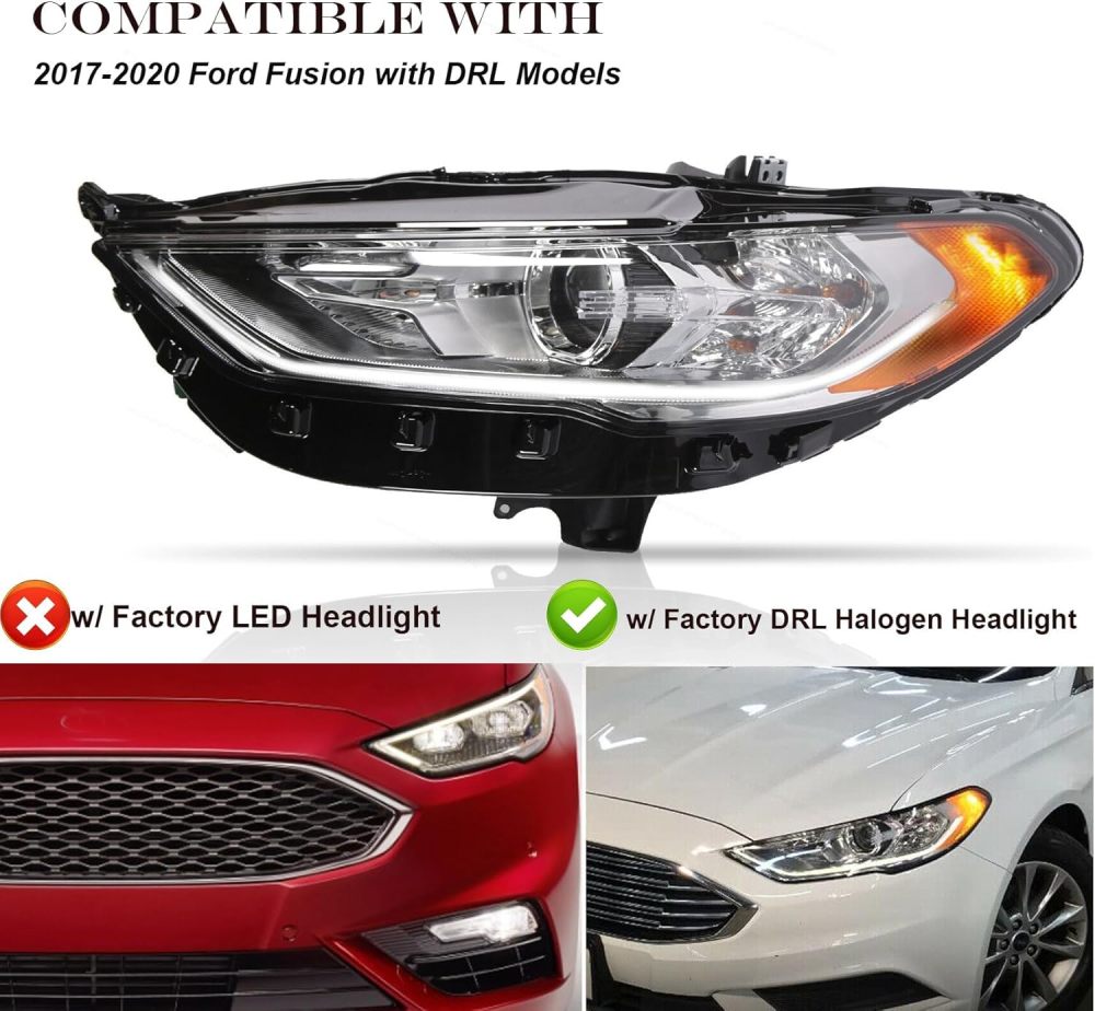 Headlights Assembly Compatible with 2017 2018 2019 2020 Ford Fusion w/LED DRL Halogen Headlamp Bulbs Include, Driver & Passenger Side