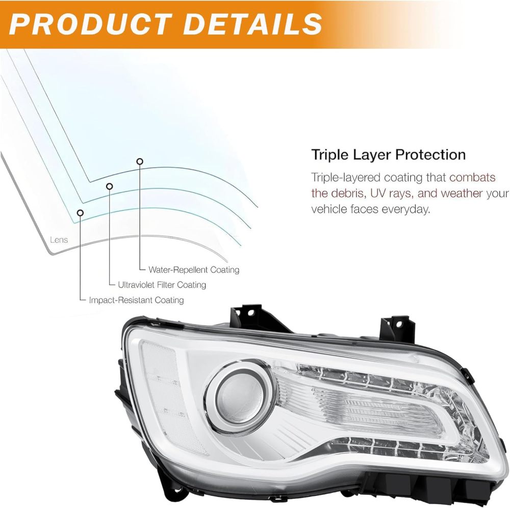 Headlights Assembly Compatible with 2011-2023 Chrysler 300 300C Halogen Model, Projector Headlamp w/LED DRL Driver & Passenger Side, Chrome Housing Clear