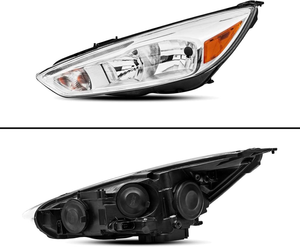 Headlights Assembly compatible with 2015 2016 2017 2018 Ford Focus Halogen Model Upgraded to DRL Style, Chrome Housing