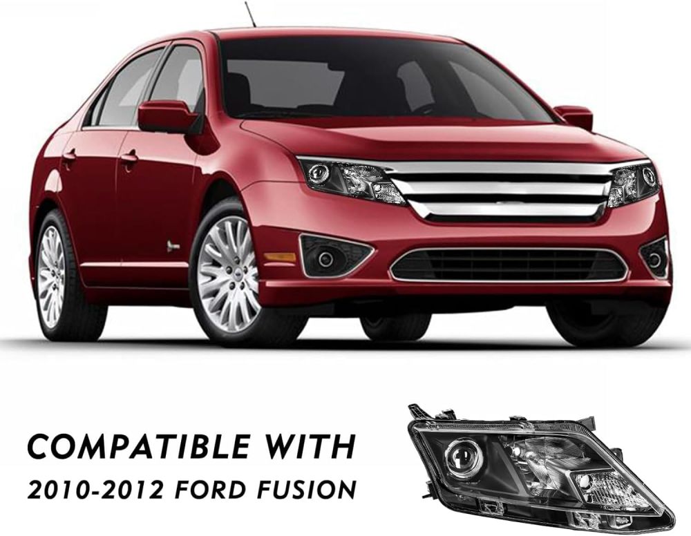 Headlights Assembly compatible with 2010 2011 2012 Ford Fusion Halogen Headlamp, Black Housing Clear Side