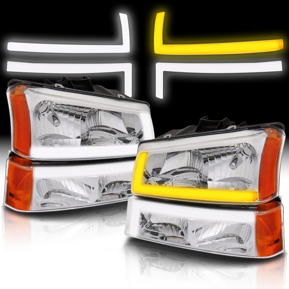 Headlights Assembly w/LED DRL compatible with 2003 2004 2005 2006 Chevy Silverado 1500 2500 3500, 03-06 Avalanche (No Cladding only), w/Sequential Tun Signal