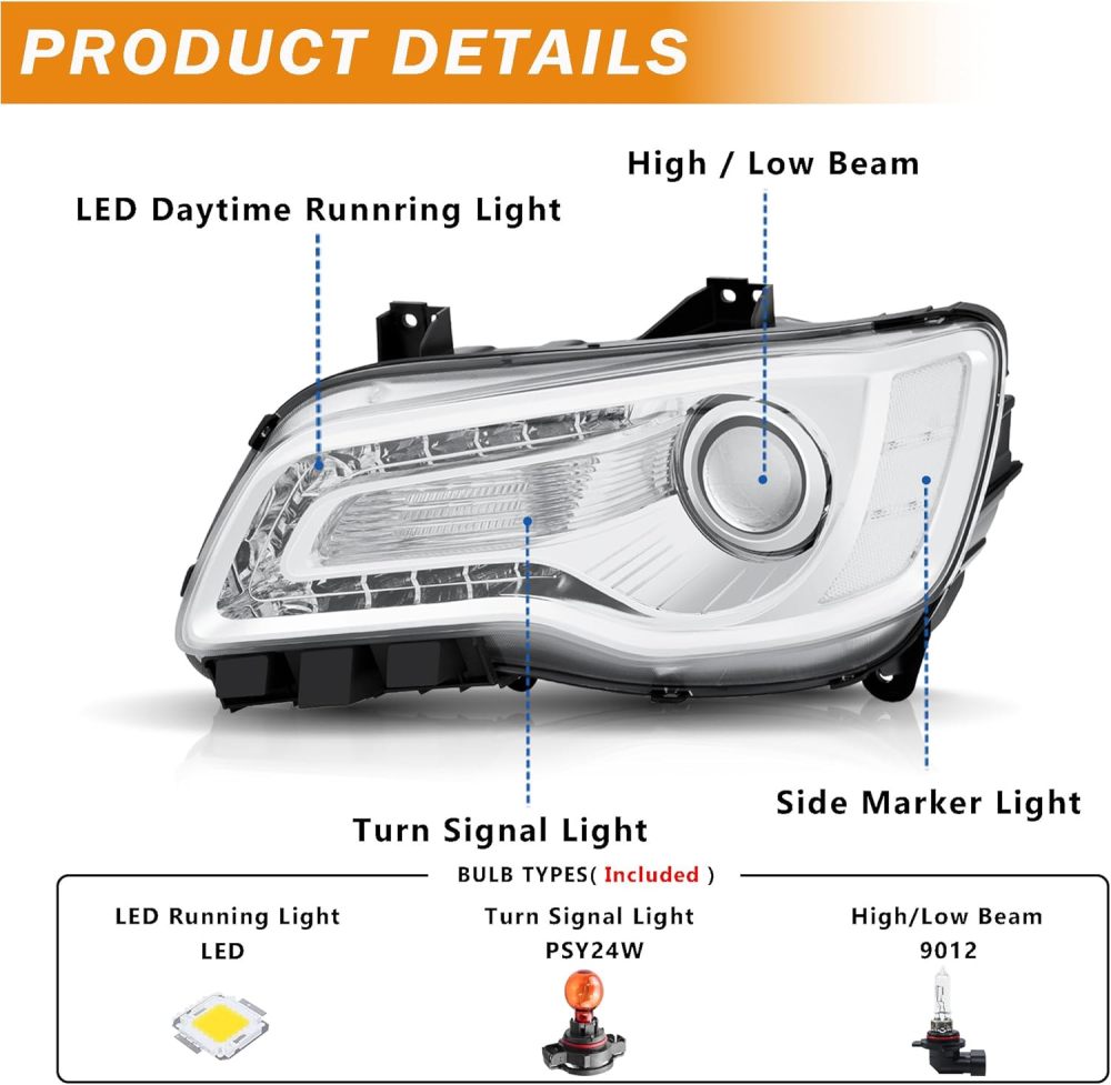 Headlights Assembly Compatible with 2011-2023 Chrysler 300 300C Halogen Model, Projector Headlamp w/LED DRL Driver & Passenger Side, Chrome Housing Clear