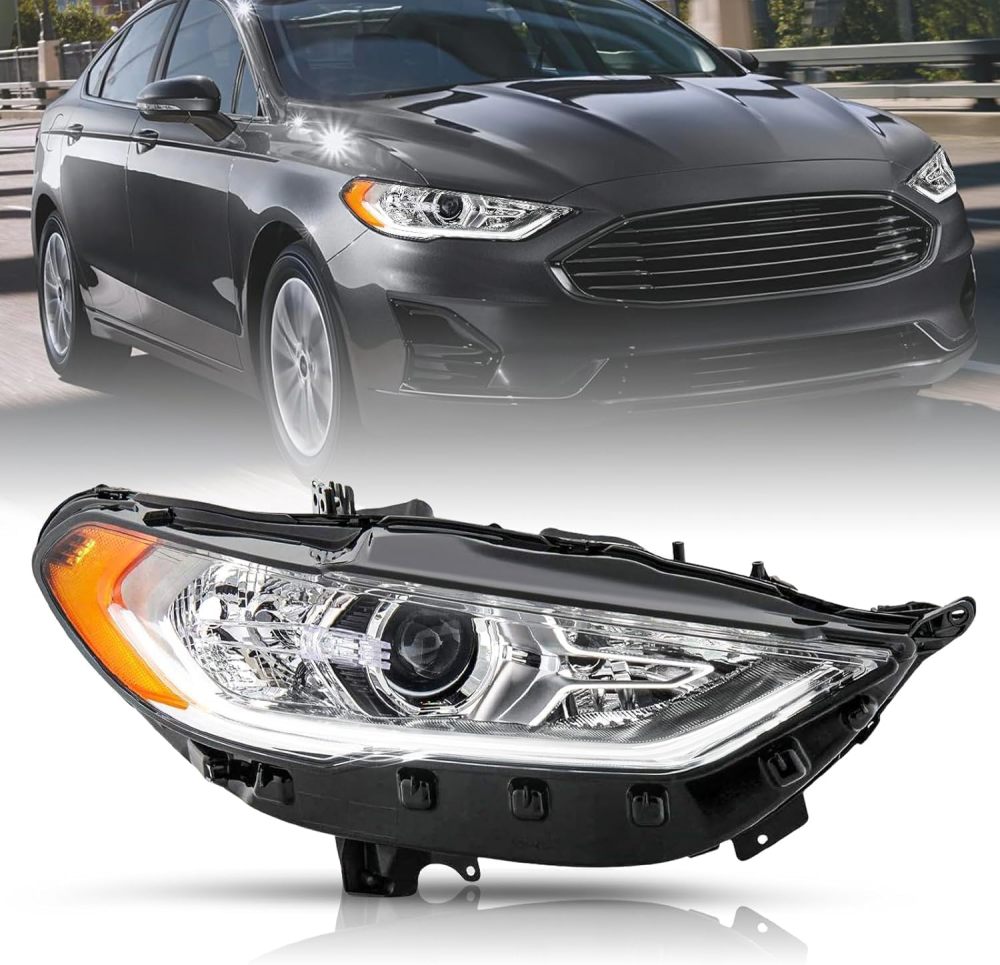 Headlights Assembly Compatible with 2017 2018 2019 2020 Ford Fusion w/LED DRL Halogen Headlamp Bulbs Include, Driver & Passenger Side