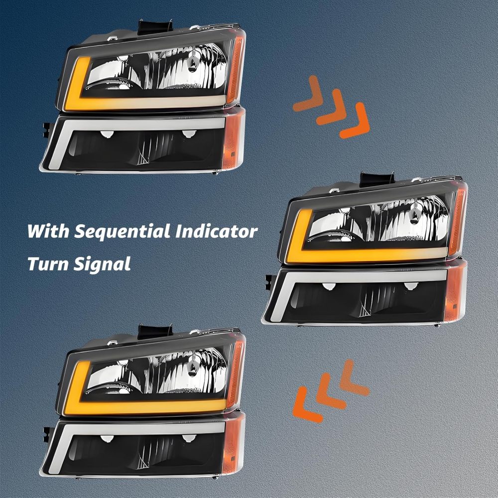 Headlights Assembly w/LED DRL compatible with 2003-2006 Chevy Silverado / 03-06 Avalanche (No Cladding only)，with Sequential Tun Signal, Black Housing Amber Side
