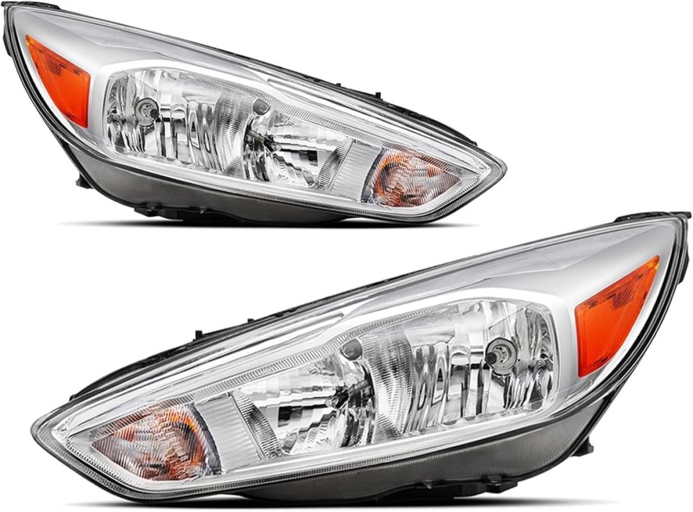 Headlights Assembly Compatible with 2015-2018 Ford Focus ST/SE/S Halogen Headlights Headlamp Pair, Chrome Housing Amber Corner