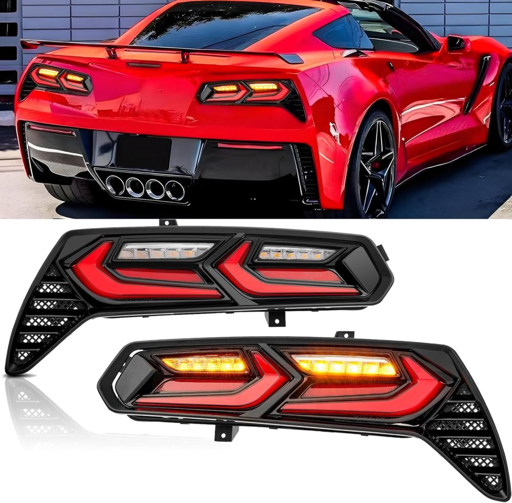 Tail Lights Assembly Compatible with 2014 2015 2016 2017 2018 2019 Chevy Corvette C7 Taillights Rear Brake Light w/LED Sequential Turn Signal, C8 Style,Red