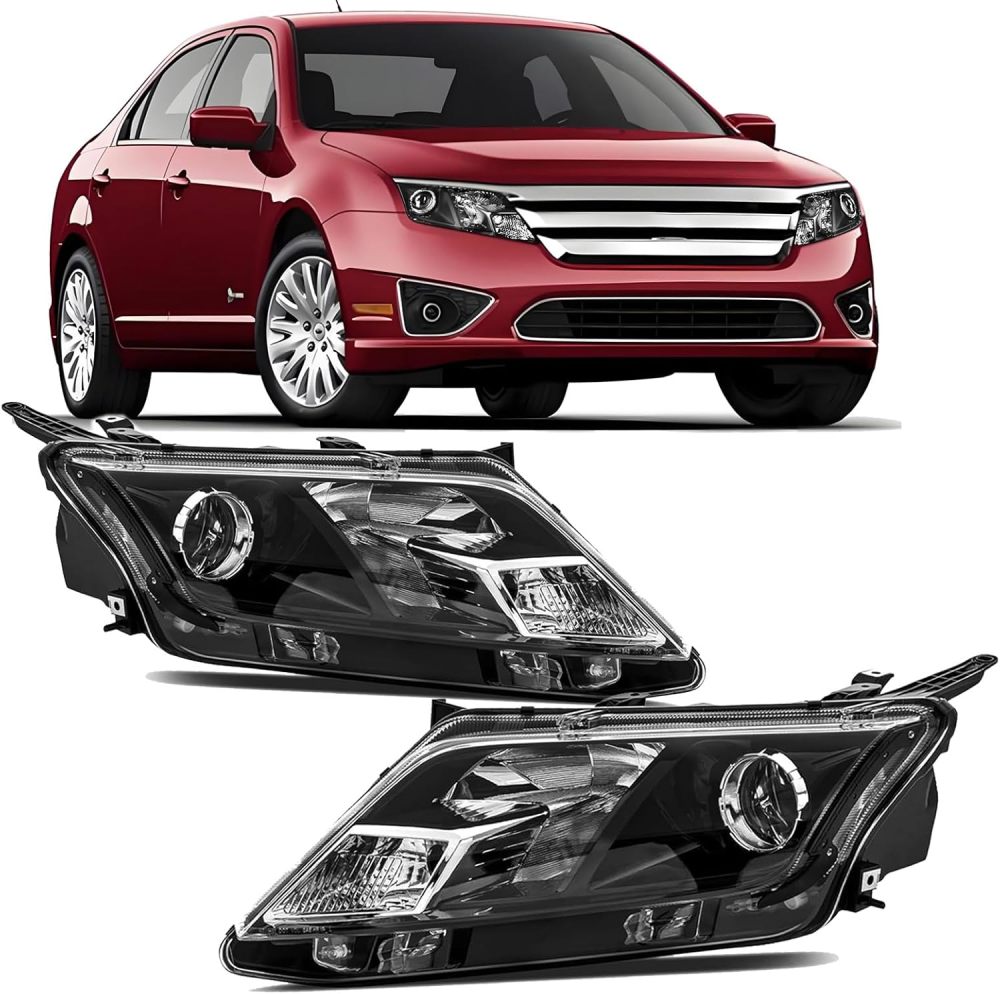 Headlights Assembly compatible with 2010 2011 2012 Ford Fusion Halogen Headlamp, Black Housing Clear Side