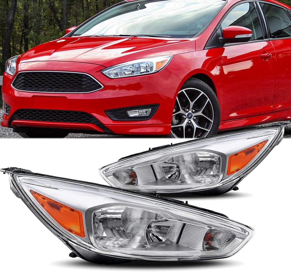 Headlights Assembly Compatible with 2015-2018 Ford Focus ST/SE/S Halogen Headlights Headlamp Pair, Chrome Housing Amber Corner