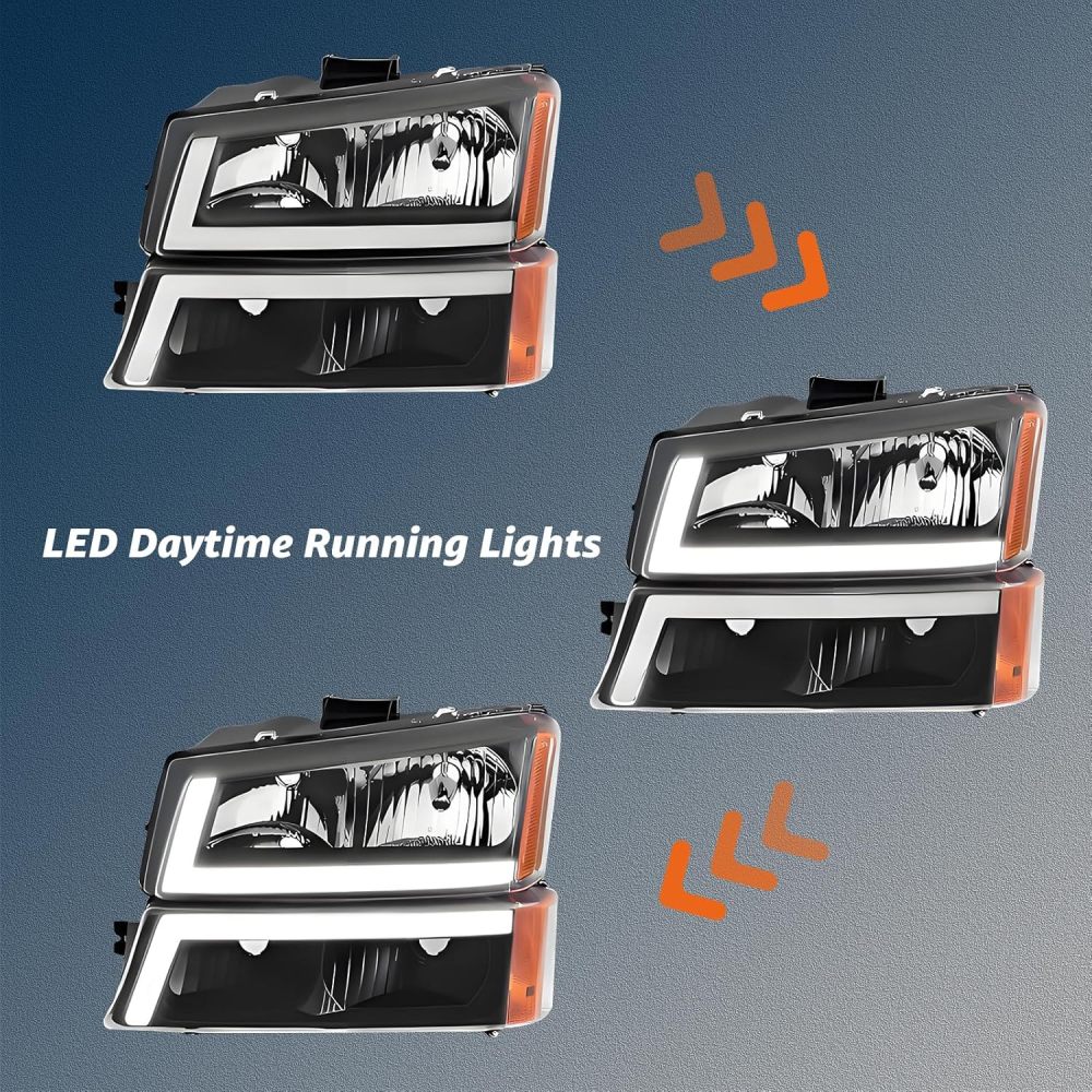 Headlights Assembly w/LED DRL compatible with 2003-2006 Chevy Silverado 1500 2500 3500, 03-06 Avalanche (No Cladding only), Black Housing Amber Side Headlamp Assembly