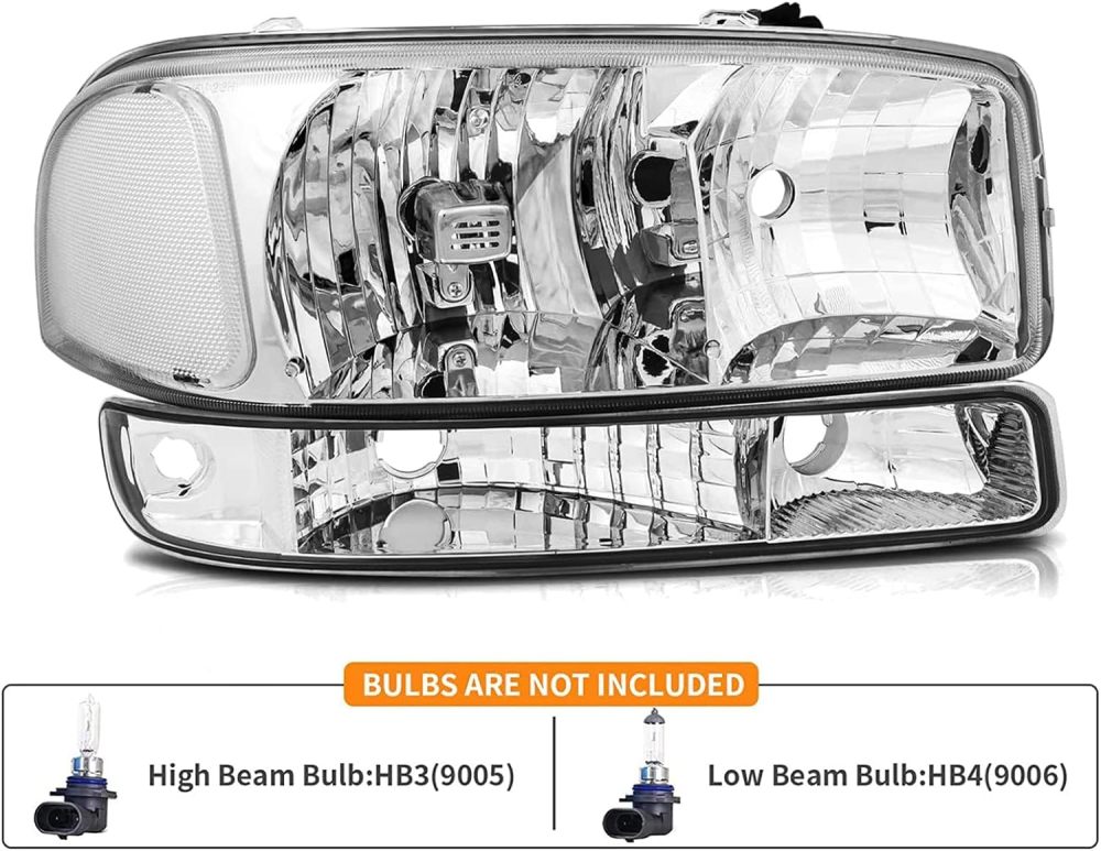 Headlight Assembly for 1999-2006 GMC Sierra 1500 2500 3500,00-06 Yukon XL Headlamp with Bumper Lights, Chrome Housing Clear