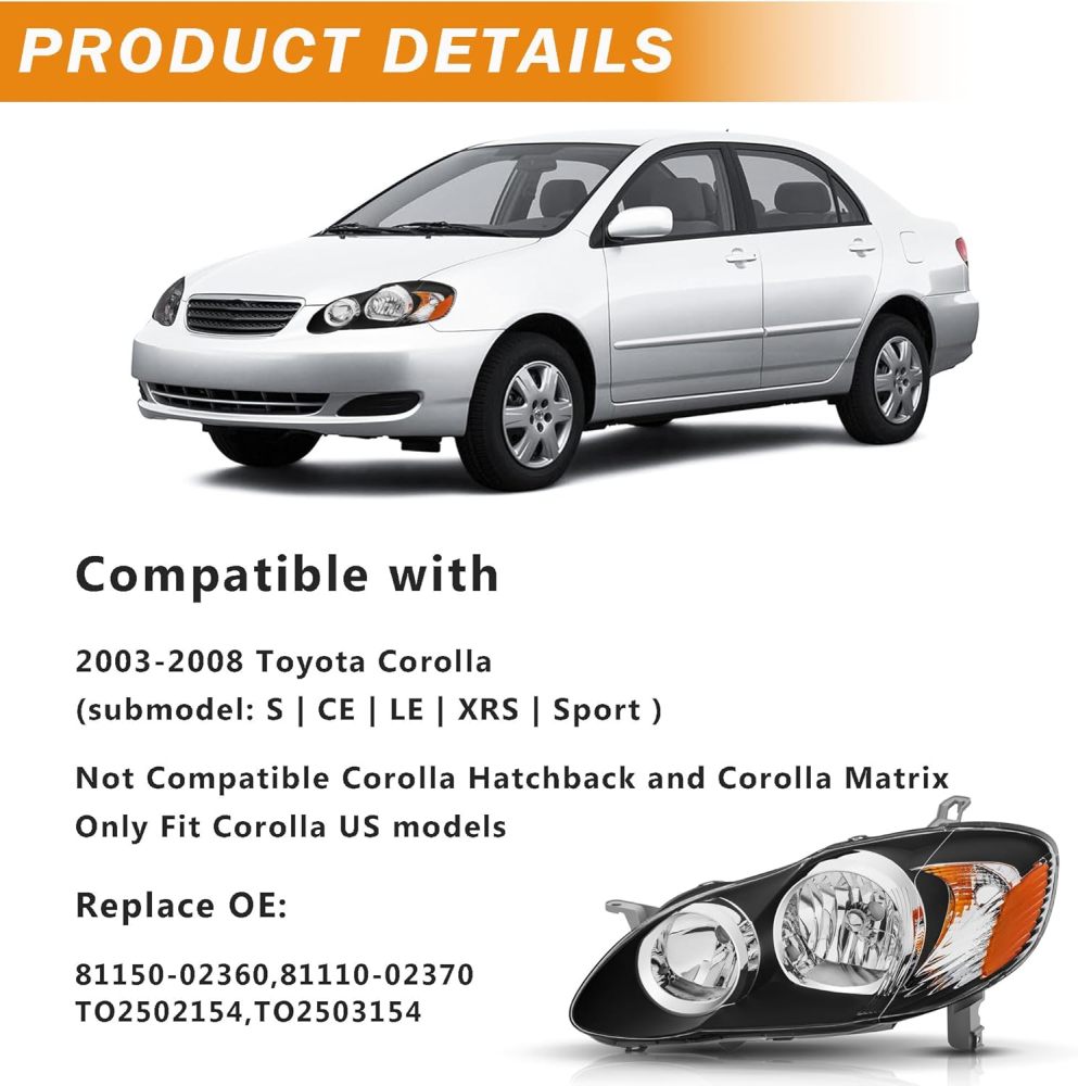 Headlights Assembly Compatible with 2003 2004 2005 2006 2007 2008 Toyota Corolla Black Housing Amber Side with Chrome Trim
