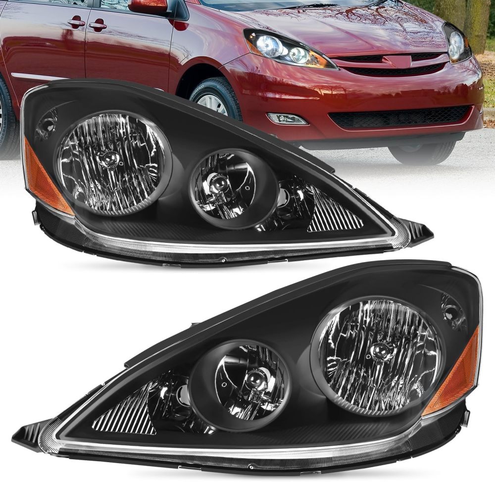 Headlight Assembly compatible with 2006 2007 2008 2009 2010 Toyota Sienna Headlamp Headlights Pair, Black Housing