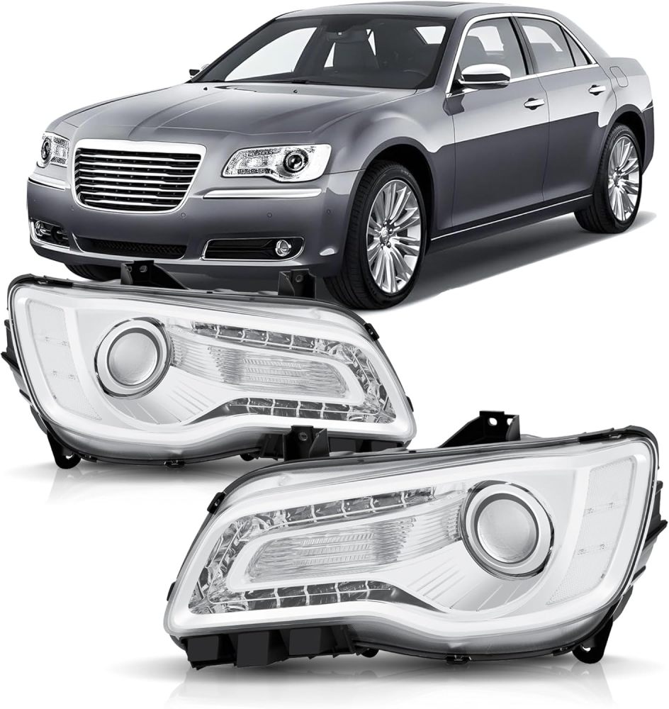 Headlights Assembly Compatible with 2011-2023 Chrysler 300 300C Halogen Model, Projector Headlamp w/LED DRL Driver & Passenger Side, Chrome Housing Clear