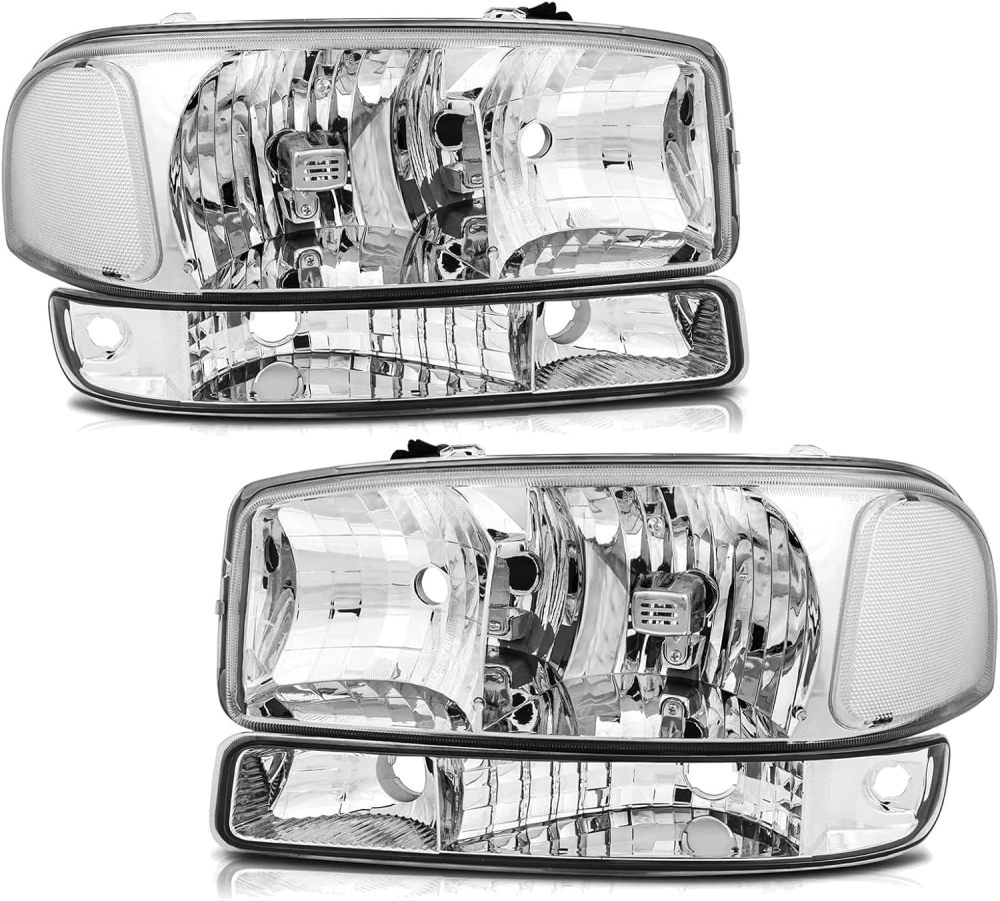 Headlight Assembly for 1999-2006 GMC Sierra 1500 2500 3500,00-06 Yukon XL Headlamp with Bumper Lights, Chrome Housing Clear