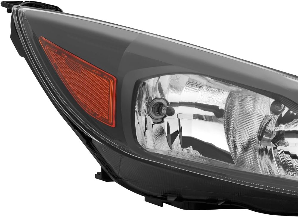 Headlights Assembly Compatible with 2015 2016 2017 2018 Ford Focus S | SE | ST Halogen Head Light Headlamp w/Bulb, Black Housing Amber Corner