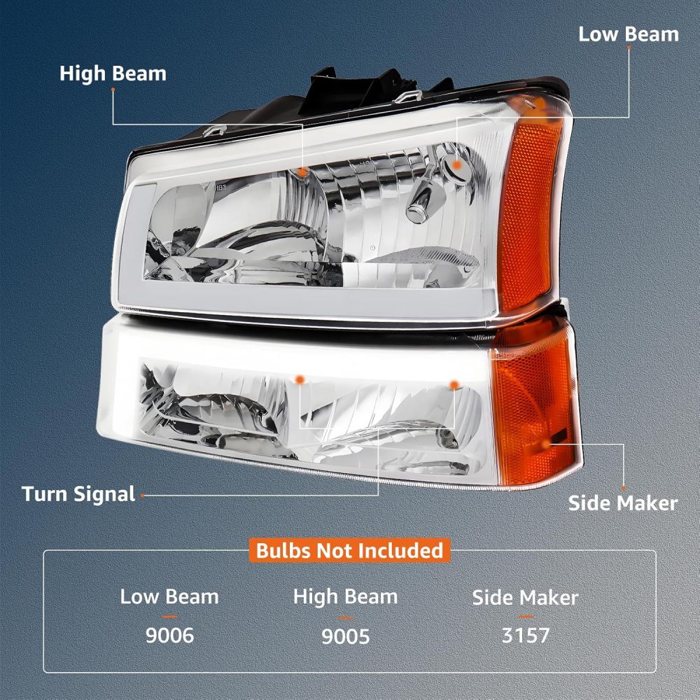 Headlights Assembly w/LED DRL compatible with 2003 2004 2005 2006 Chevy Silverado 1500 2500 3500, 03-06 Avalanche (No Cladding only), w/Sequential Tun Signal