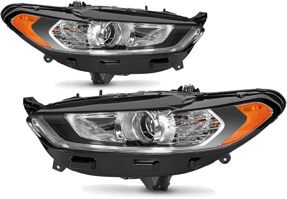 Headlights Assembly Compatible with 2013 2014 2015 2016 Ford Fusion Halogen Headlamp Include Bulb, Black Housing